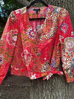 🌸 J.Crew Pink Floral Patchwork Wrap Top Blouse M Boho Side Tie Cotton 🌸
